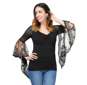 Bell Sleeve Sheer Lace Panel T-Shirt