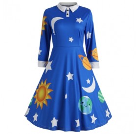 Long Sleeve Sun Moon Star Print A-line Women Dress