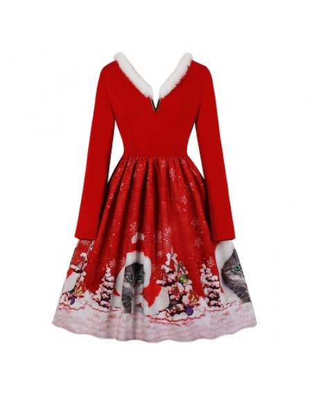 V-neck Christmas Print Vintage Dress for Women