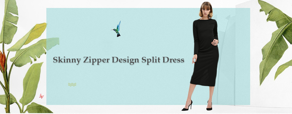 Simple Round Collar Long SLeeve Zipper Design Skinny Women Midi Dress